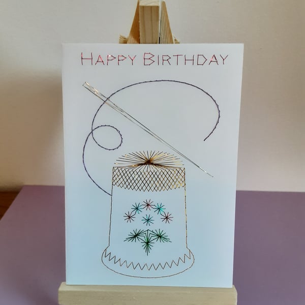 Thimble and Needle Sewing. Hand Embroidered  Birthday Card.