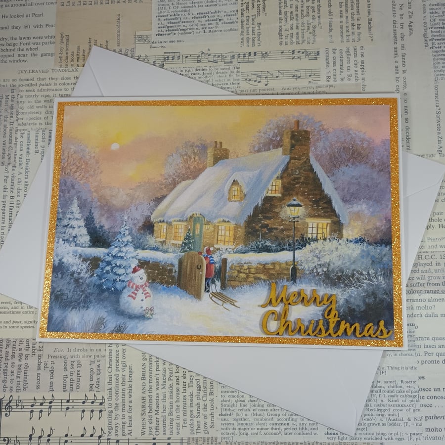 Cosy Cottage glittered Christmas card
