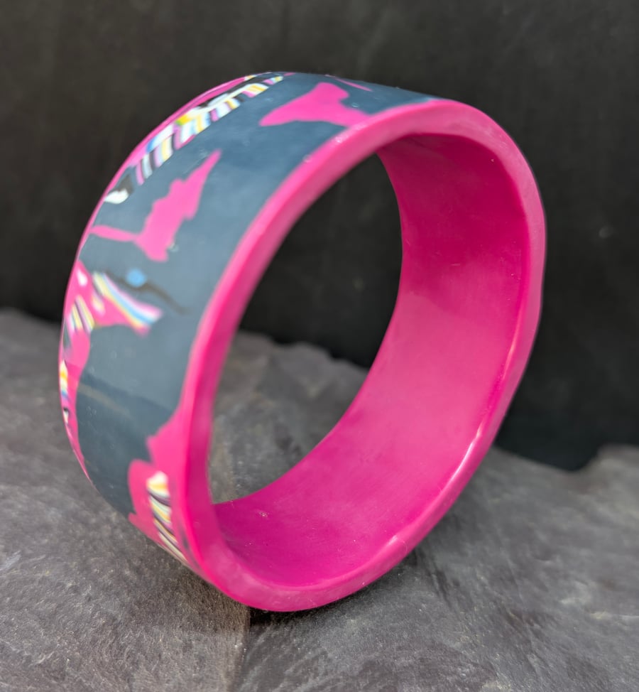 Handmade polymer clay bangle- bold pink and slate grey abstract design