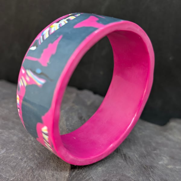 Handmade polymer clay bangle- bold pink and slate grey abstract design