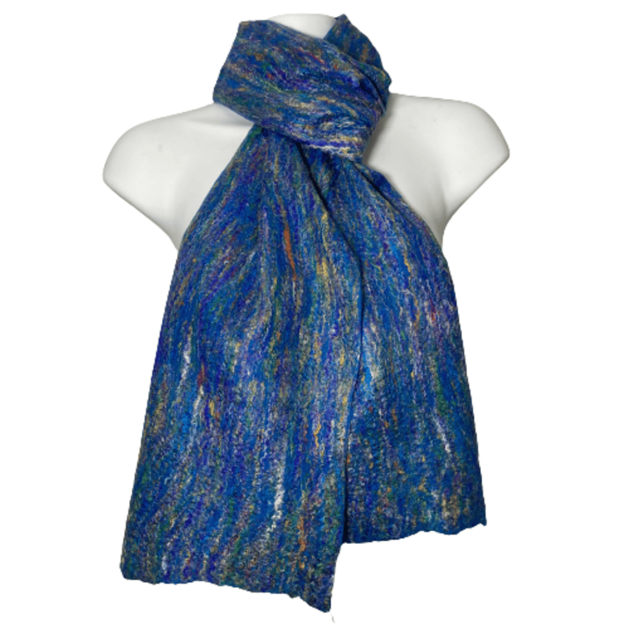 Blue merino wool felted scarf with recycled sari silk fibres