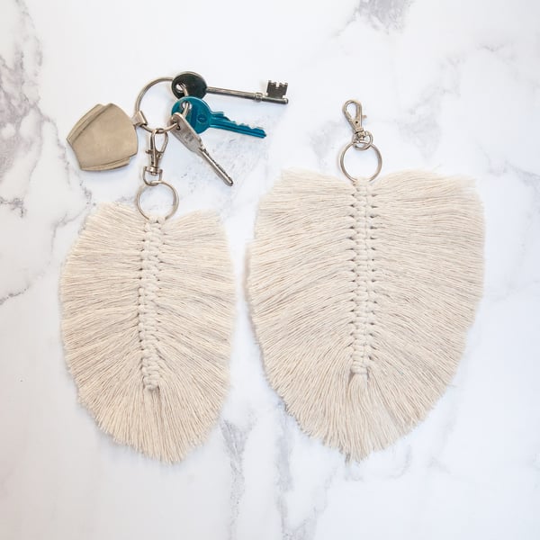 Macrame feather, leaf keyring. Handmade from recycled cotton.