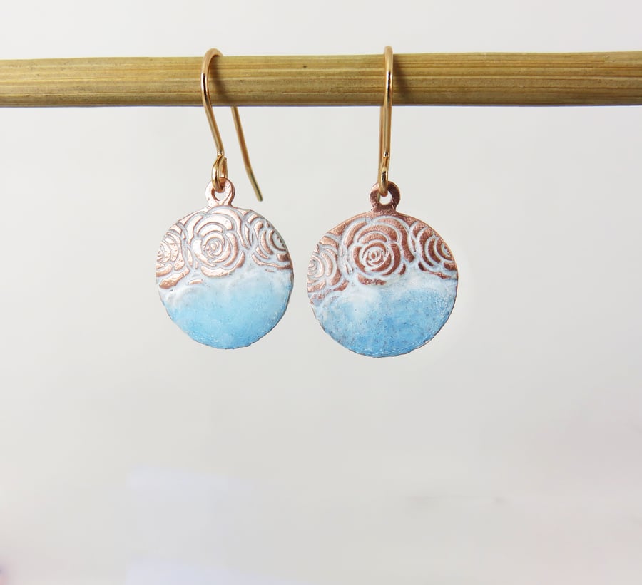 Enamel and Textured Copper Dangle Earrings