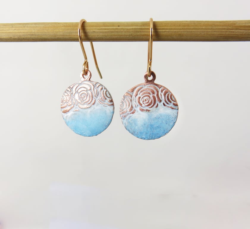 Enamel and Textured Copper Dangle Earrings