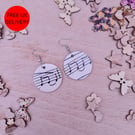 Musical Notes Wooden Decoupaged Round Stainless Steel Earrings - FREE UK P&P