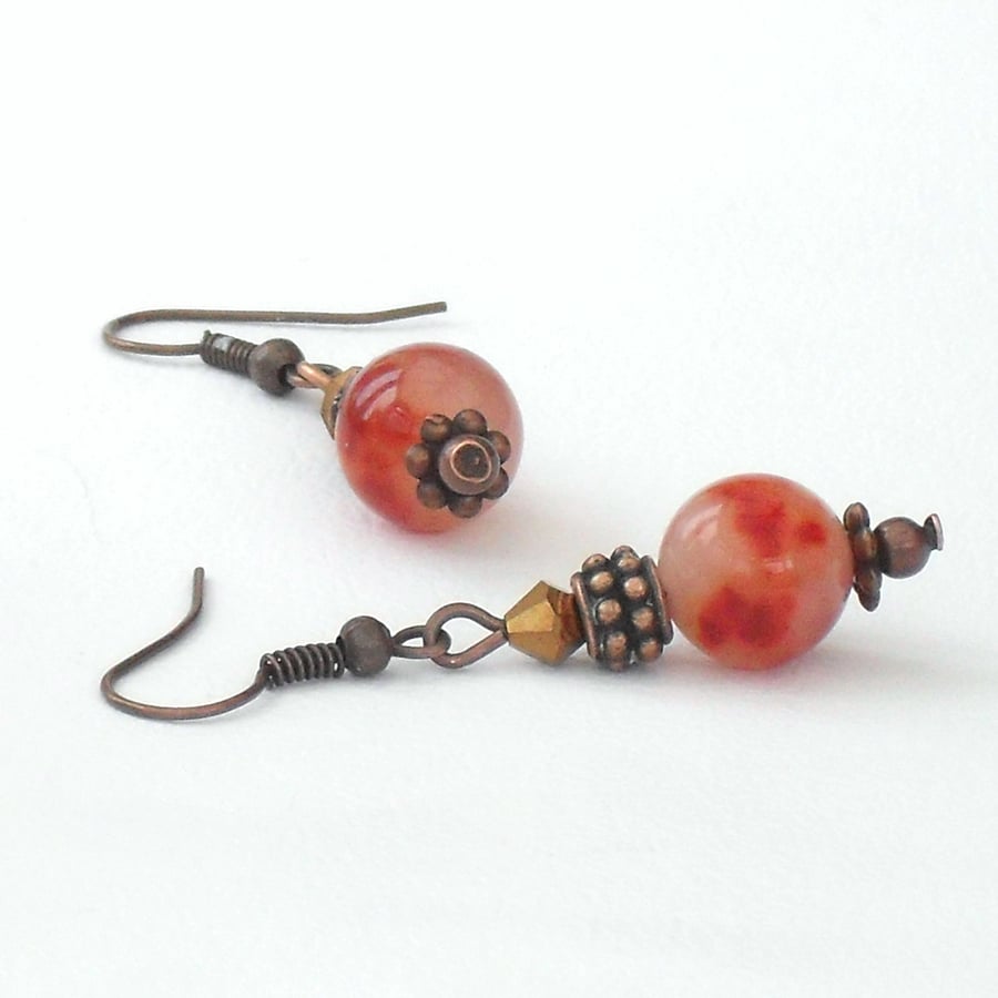 Handmade earrings - with red kunzite and metallic gold crystal