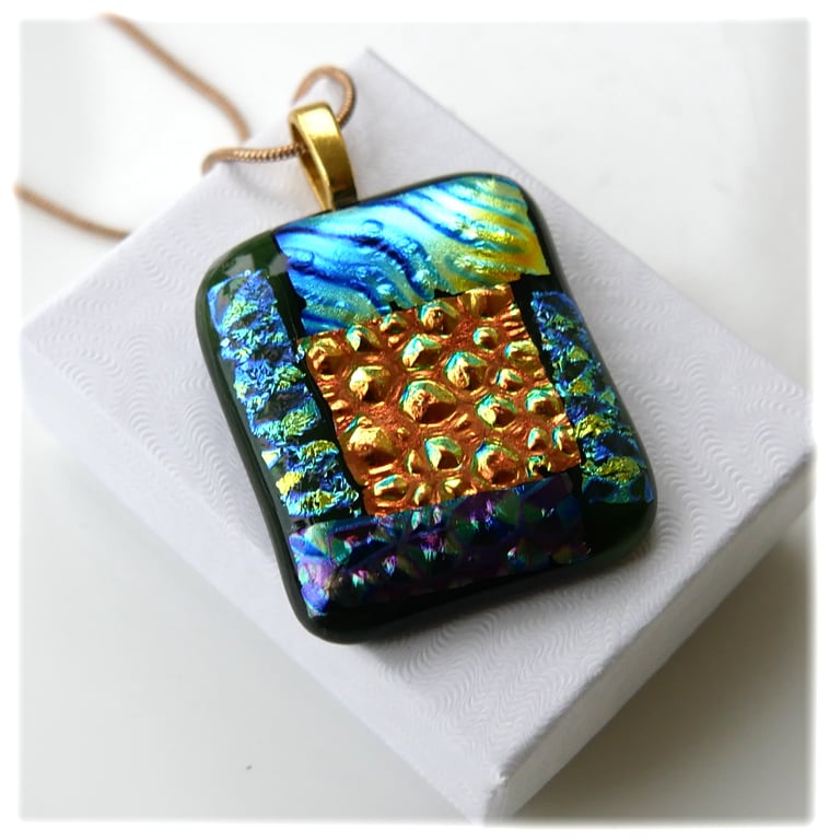 Patchwork Dichroic Fused Glass Pendant P019 gold plated chain