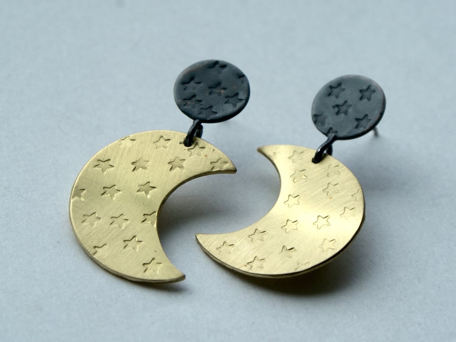 Brass star and moon drop earrings