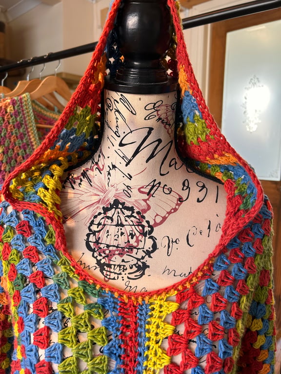 Rainbow Hooded Crochet Long Line Pullover 