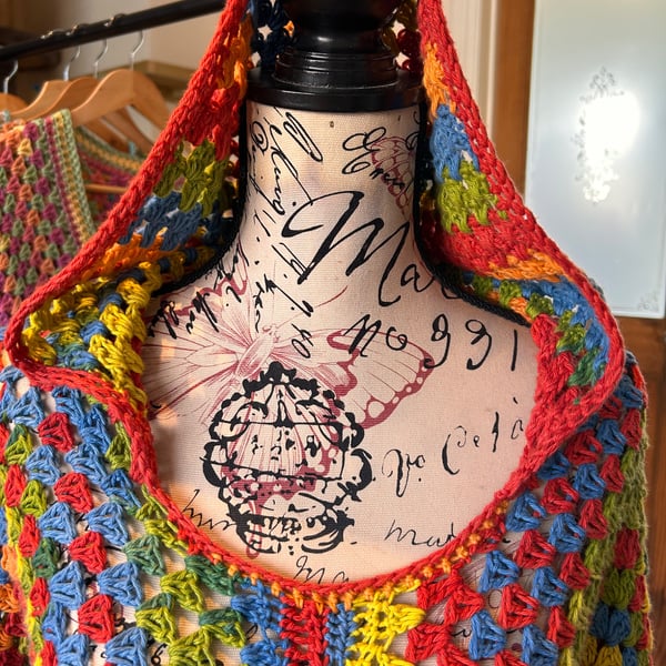 Rainbow Hooded Crochet Long Line Pullover 
