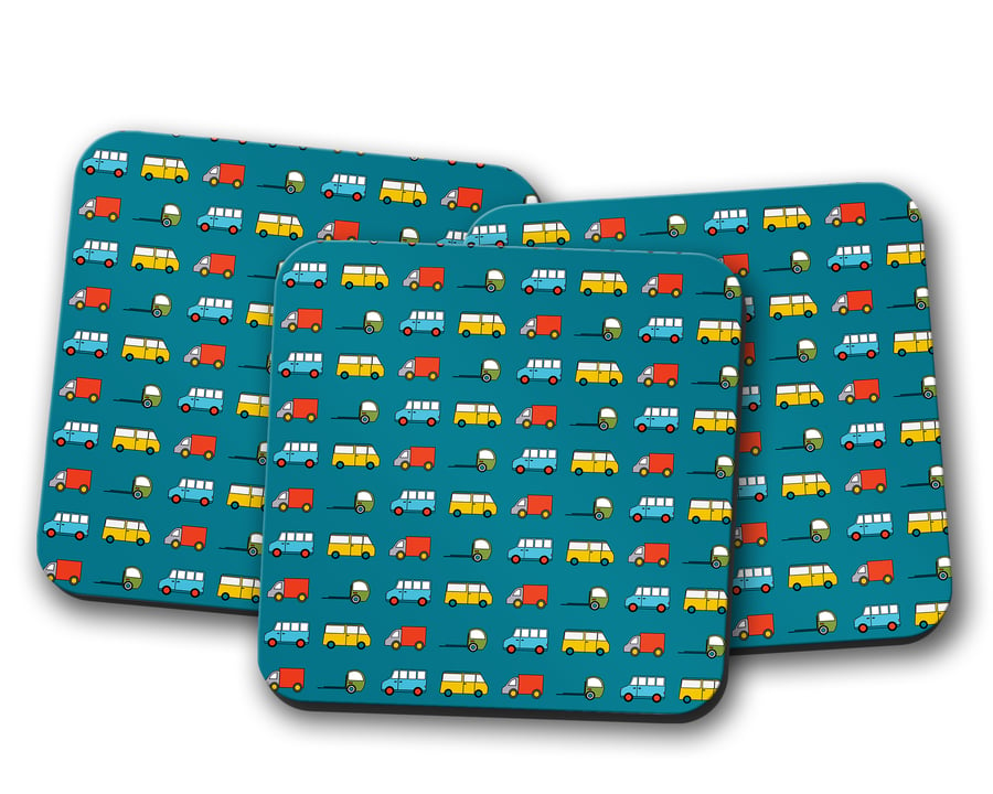 Set of 4 Blue with Multicoloured Trucks Design Coasters