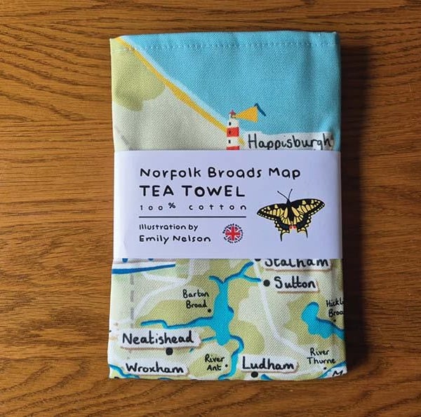 Norfolk Broads Map Tea Towel 100% Cotton Homeware and Kitchen Gifts