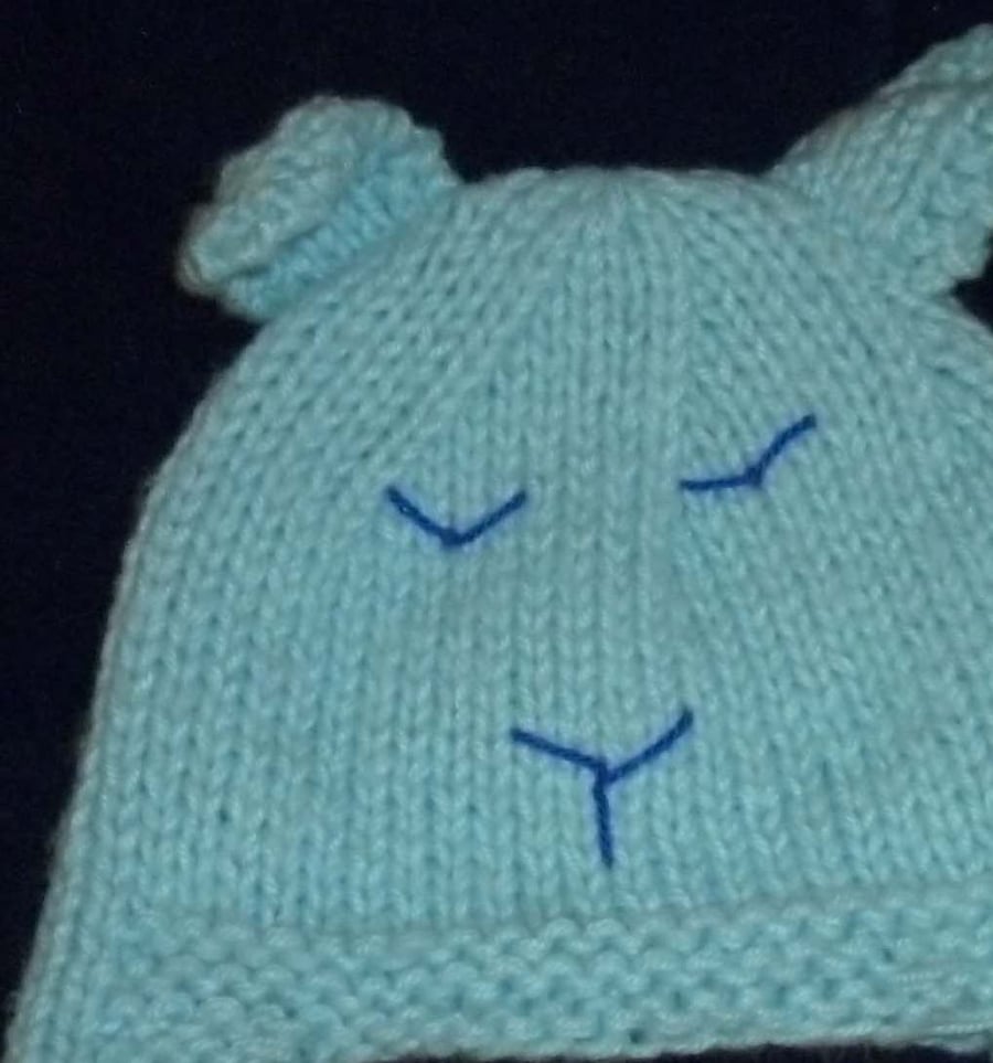 Hand knitted baby bear hat - blue - 6 month upwards