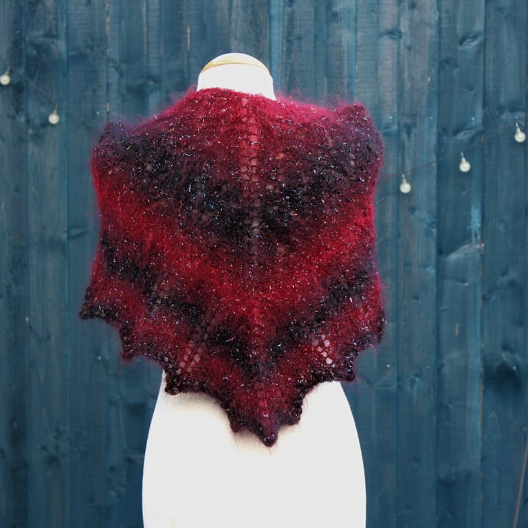Triangular lace shawl in red & black sparkly Mohair yarn - design A197