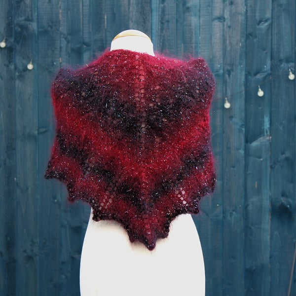 Triangular lace shawl in red & black sparkly Mohair yarn - design A197