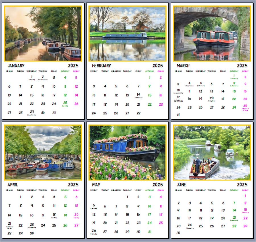 2025 A4 Canal Narrow Boats Art Calendar 