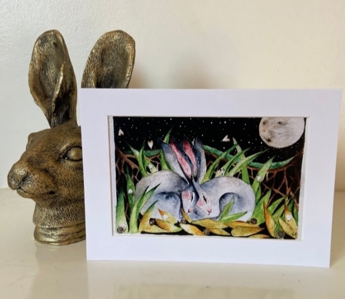 Mounted Resting Hares Rabbits in Moonlight Watercolour Edition 