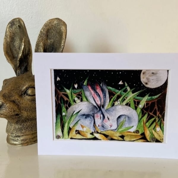 Mounted Resting Hares Rabbits in Moonlight Watercolour Edition 