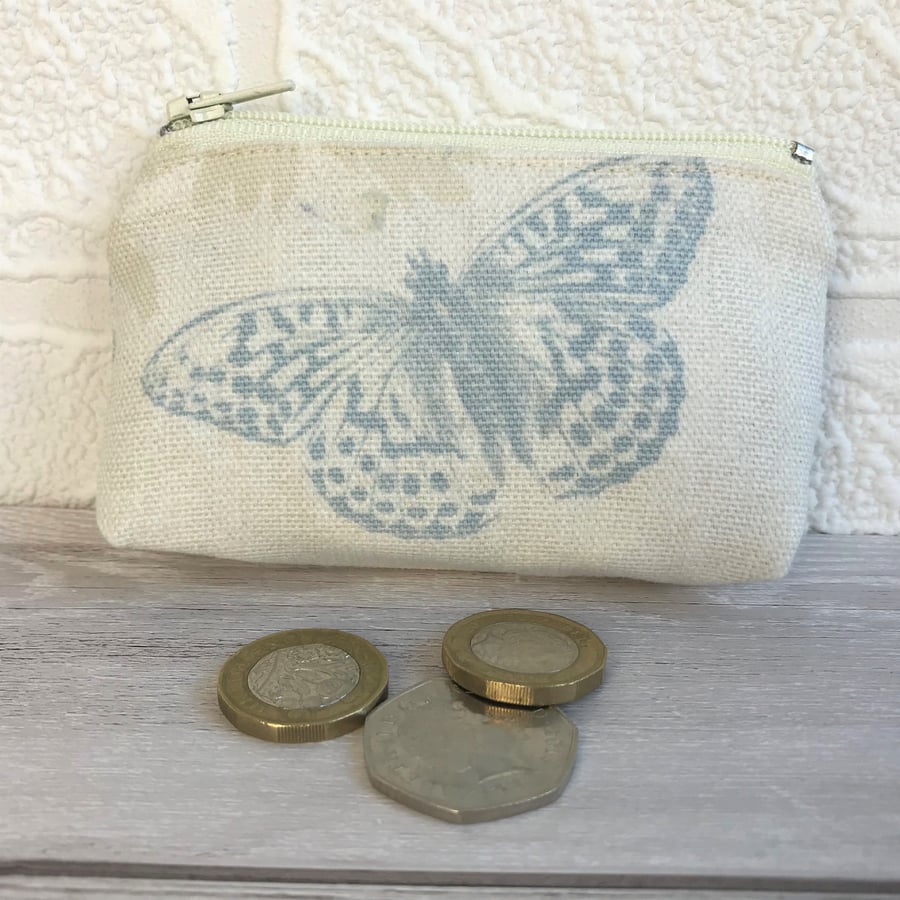 Small purse, coin purse in cream with pale blue butterfly