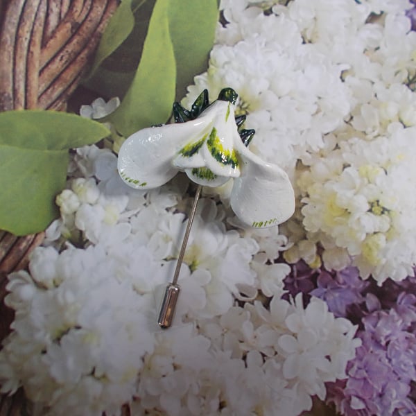 Delicate Spring SNOWDROP PIN Wedding Lapel Flower Brooch HANDMADE HAND PAINTED
