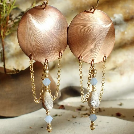 Hand-Engraved Copper, Gold-Filled & Agate Earrings with Faceted Glass Beads