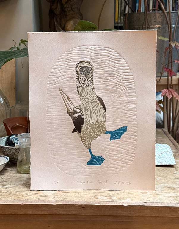 ‘Here comes Gerald’ Reduction Lino Print