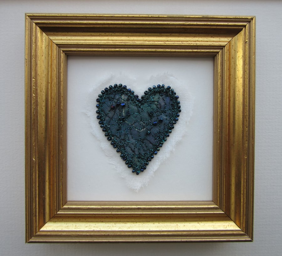 VALENTINE HEART ART picture in dark turquoise fiber fabric with beaded edge