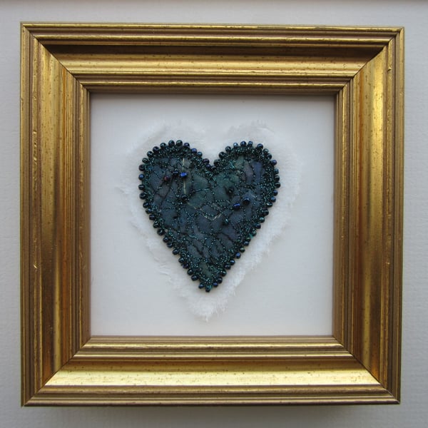 VALENTINE HEART ART picture in dark turquoise fiber fabric with beaded edge