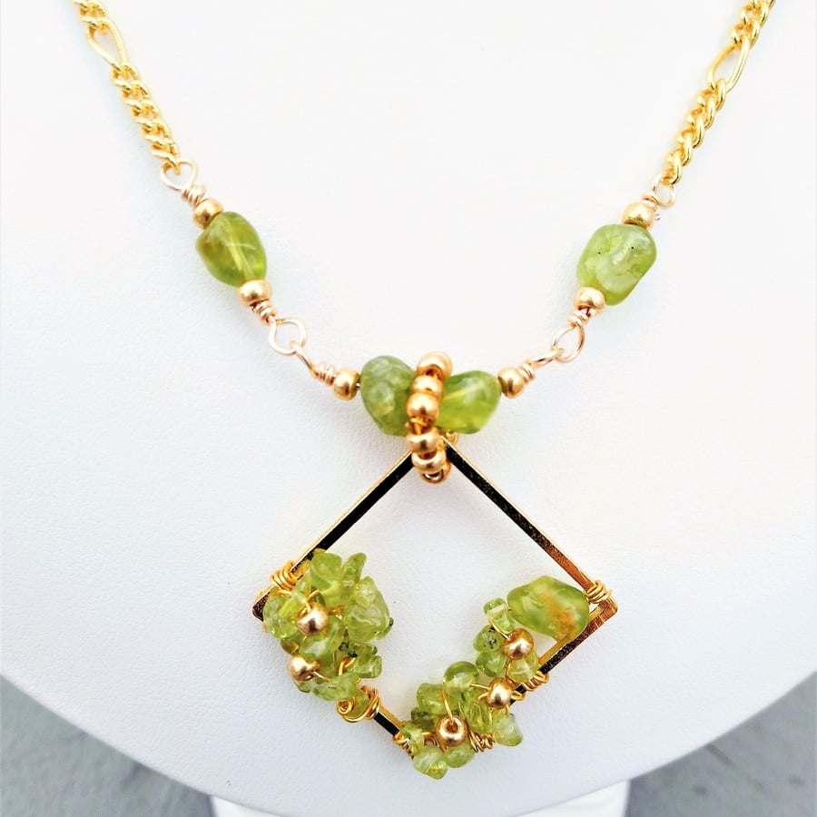 Natural Peridot & Gold Rosary Link 30 Inch Chain and Pendant