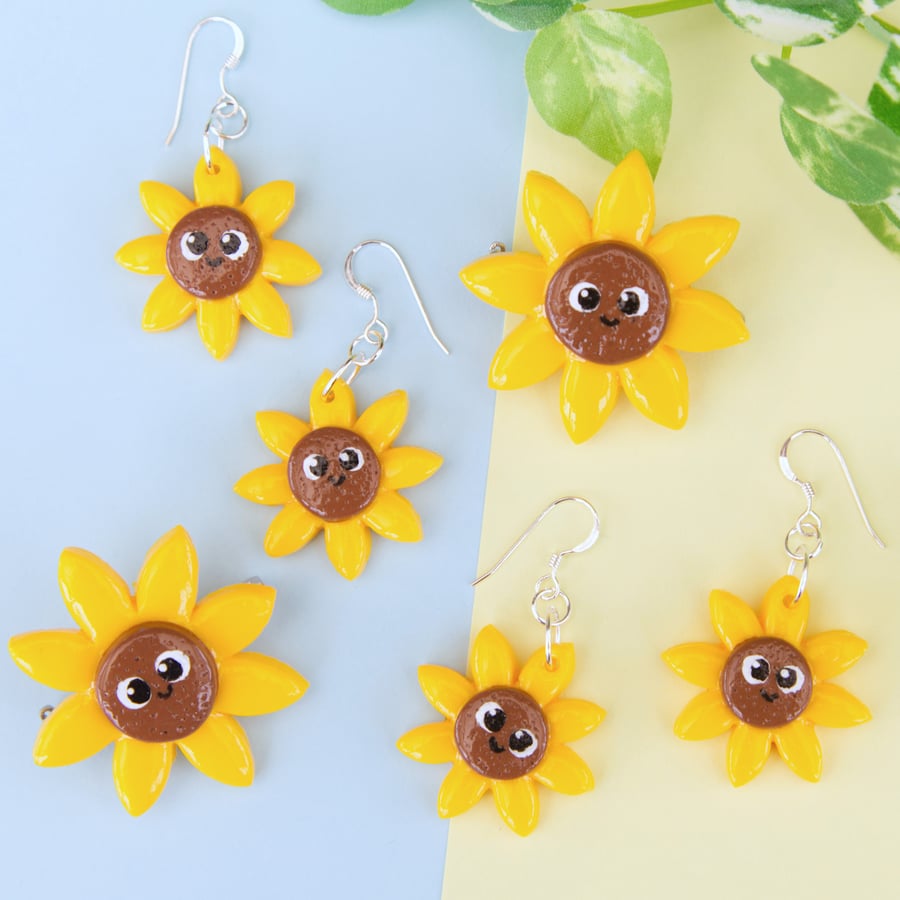 Sunflower Polymer Clay Earrings and Badges - Stand with Ukraine Appeal
