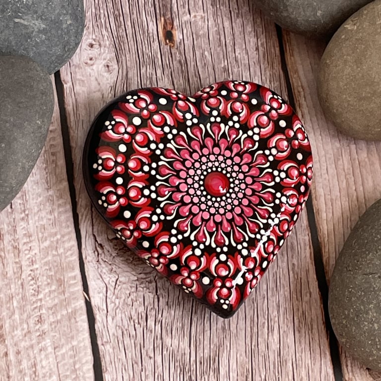 Red Heart Dot Mandala Art Stone Acrylic Rock Painting Hand Painted Unique