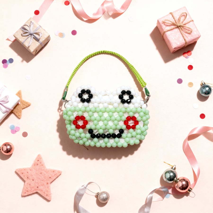 Handmade Beaded Keroppi Purse with Detachable Macrame Strap