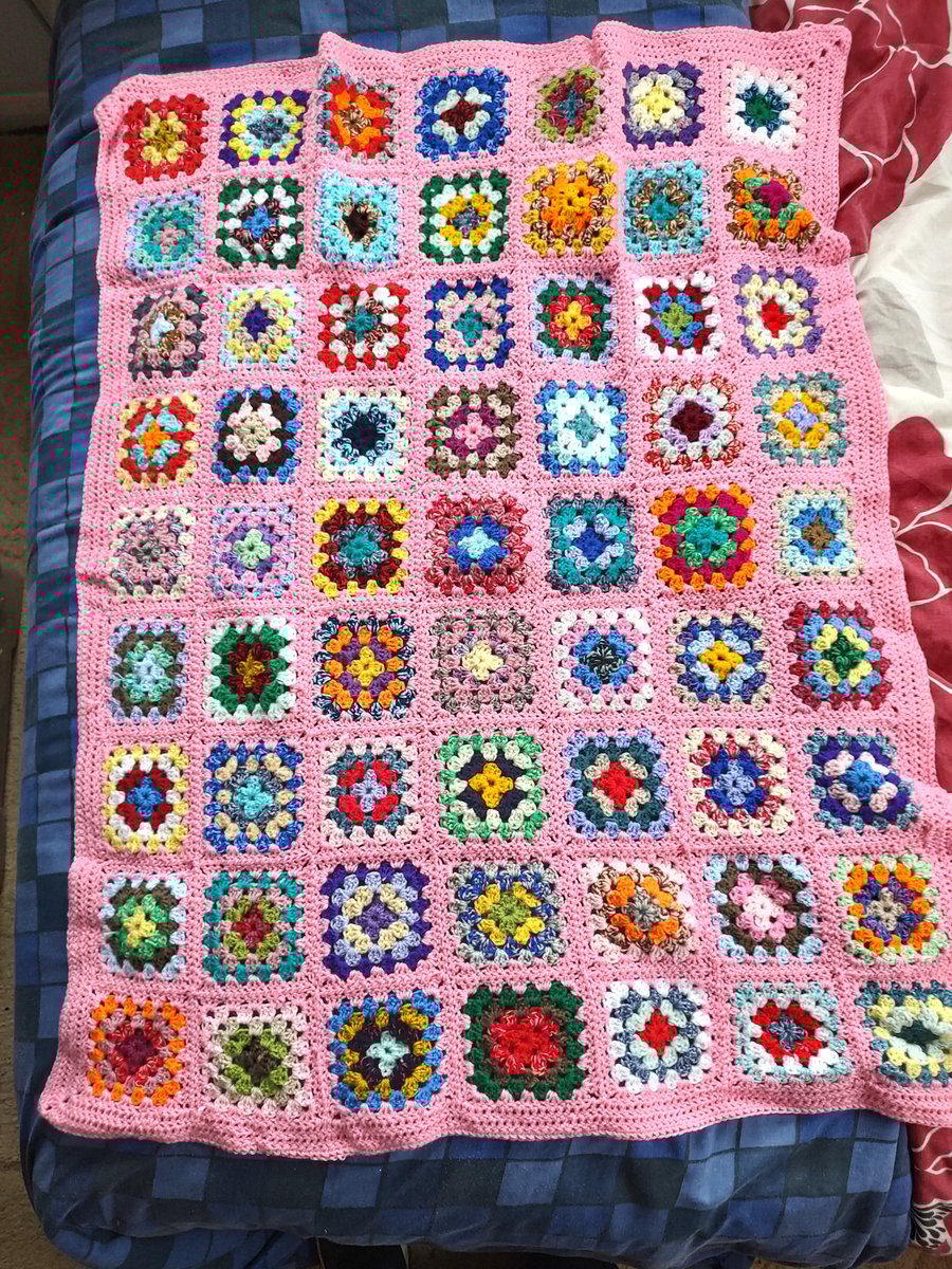 Pink Crotched woollen baby cot blanket made from acrylic doubled knitted wool