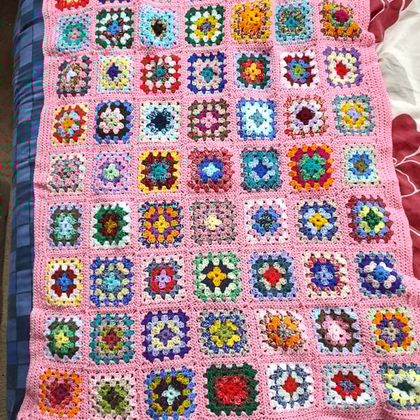 Pink Crotched woollen baby cot blanket made from acrylic doubled knitted wool