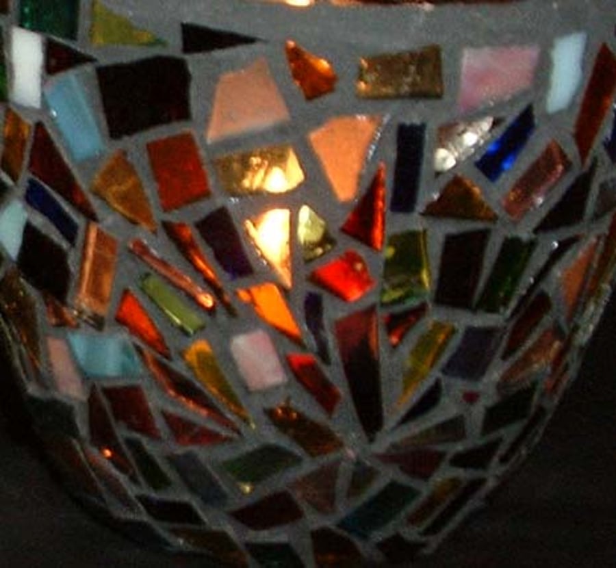 Multicoloured mosaic stained glass T-light candle vase
