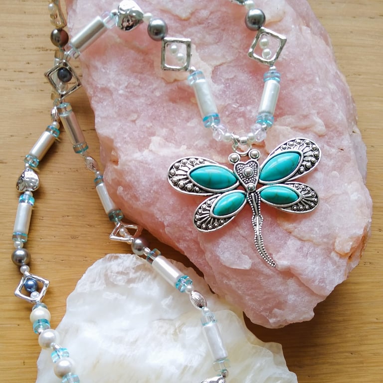 Turquoise Dragonfly Pendant Long Shell Pearl Overhead Necklace 27 Inch