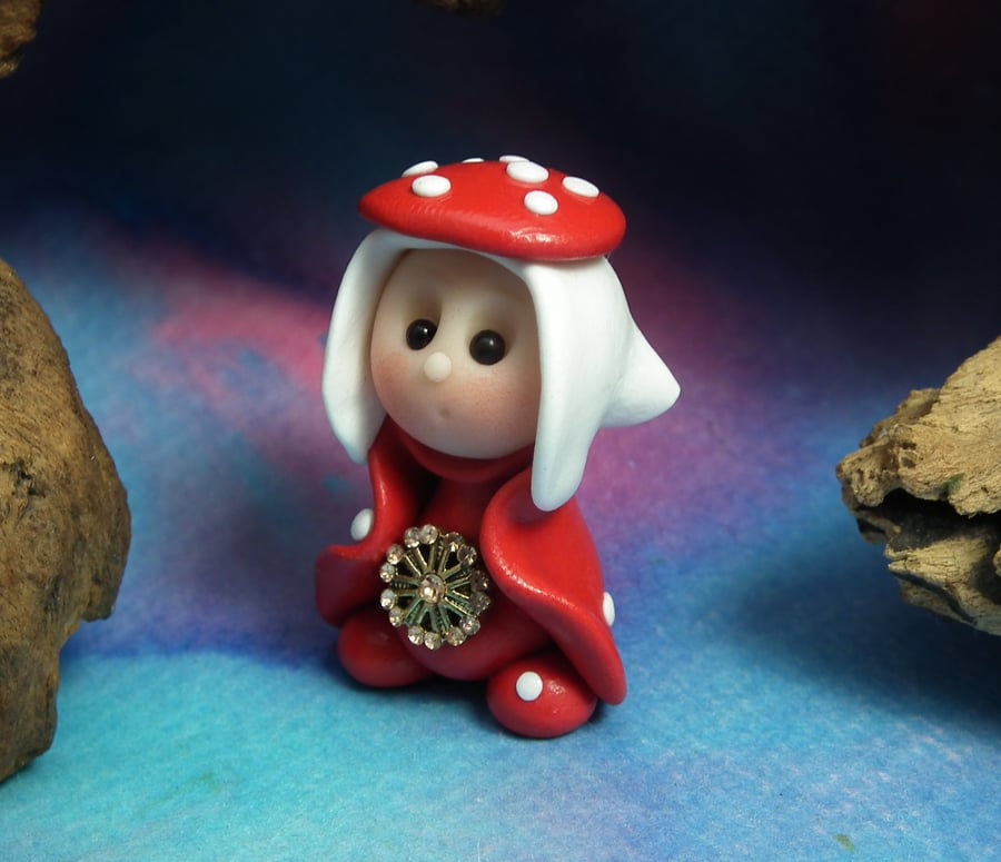 Tiny Toadstool Gnome with fly agaric hat 'Sadie' OOAK Sculpt by Ann Galvin