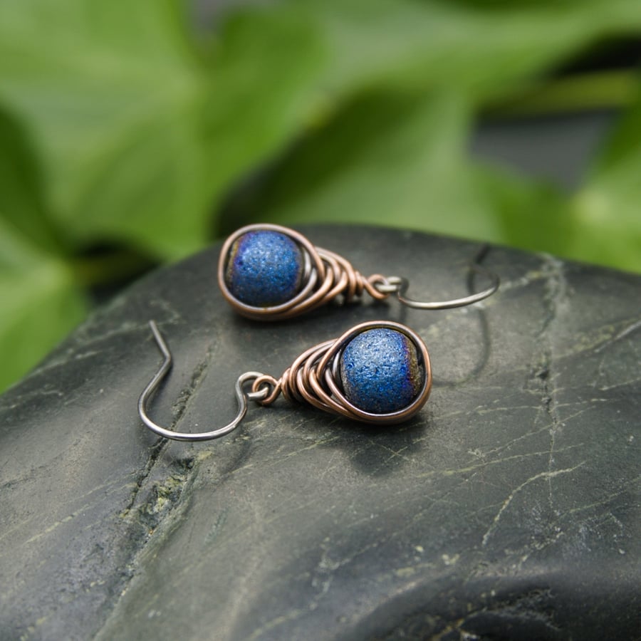 Copper Wire Wrapped Earrings with Blue Druzy Glass Beads