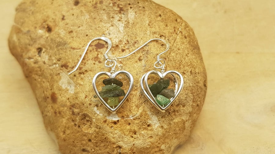 Minimalist heart Raw Emerald earrings. Sterling May birthstone