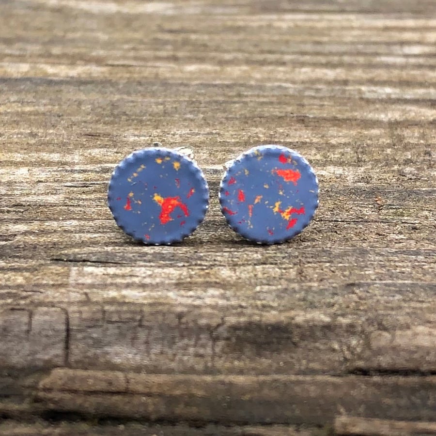 Mid blue, yellow & strawberry Sterling Silver Hand Enamelled Stud Earrings. 