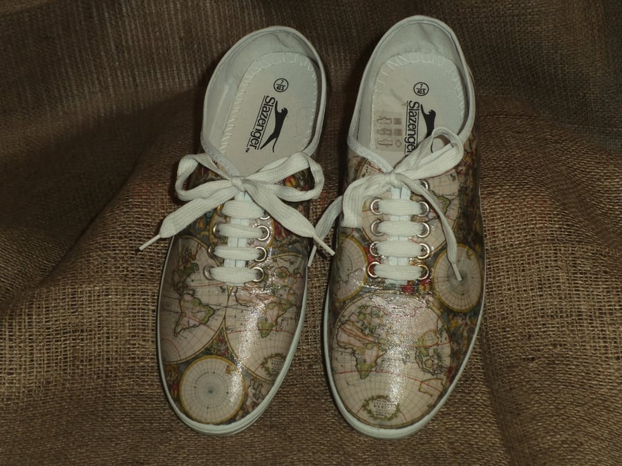 Decorated Canvas Shoes Old World Map SIZE 7 (40.5) Individual Unique Decoupage 