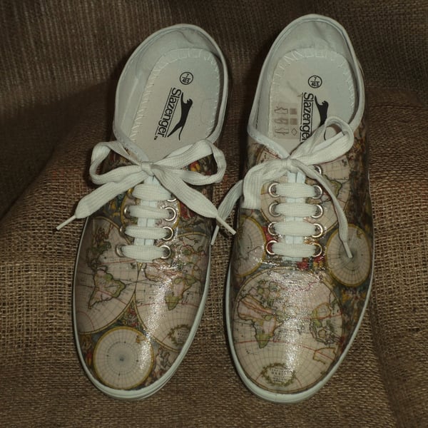 Decorated Canvas Shoes Old World Map SIZE 7 (40.5) Individual Unique Decoupage 