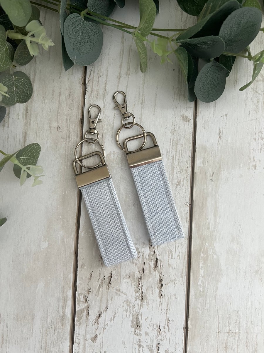 Key Fob Set in Pale Blue Linen Fabric, Bag Strap, Key Ring