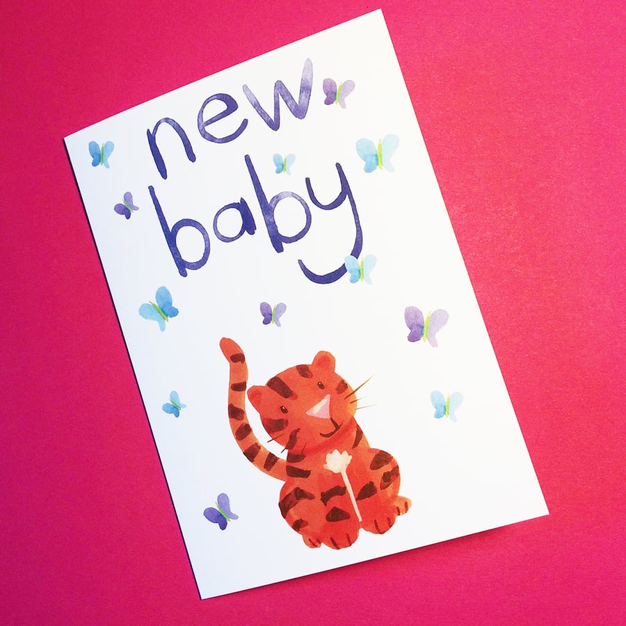 New Baby card with Tiger and  butterflies by Jo Brown
