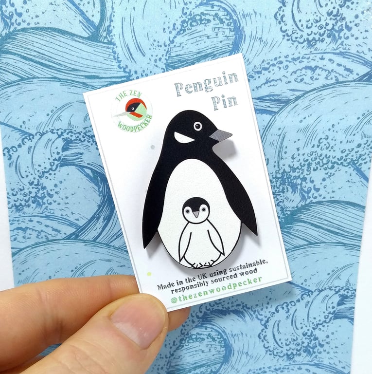 Penguin Pin Badge, Penguin with Chick, Wooden Bird Brooch, 