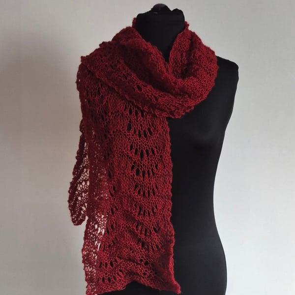25.Handknitted Lace Scarf in Burgandy.