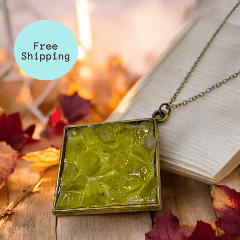 Yellow Jade Brass plated Square Worry Stone Necklace - Free Postage