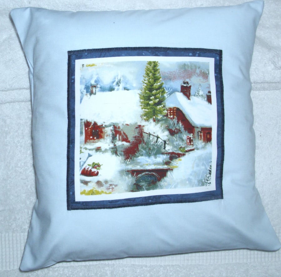 Winter in the countryside village by the  stream cushion 