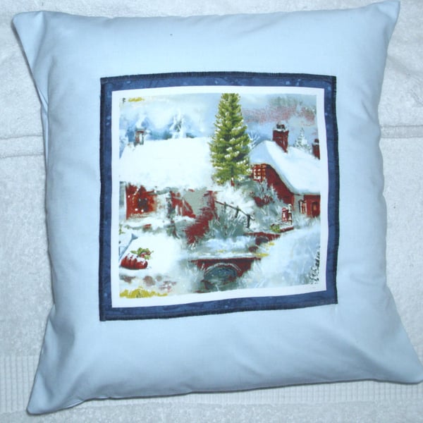 Winter in the countryside village by the  stream cushion 
