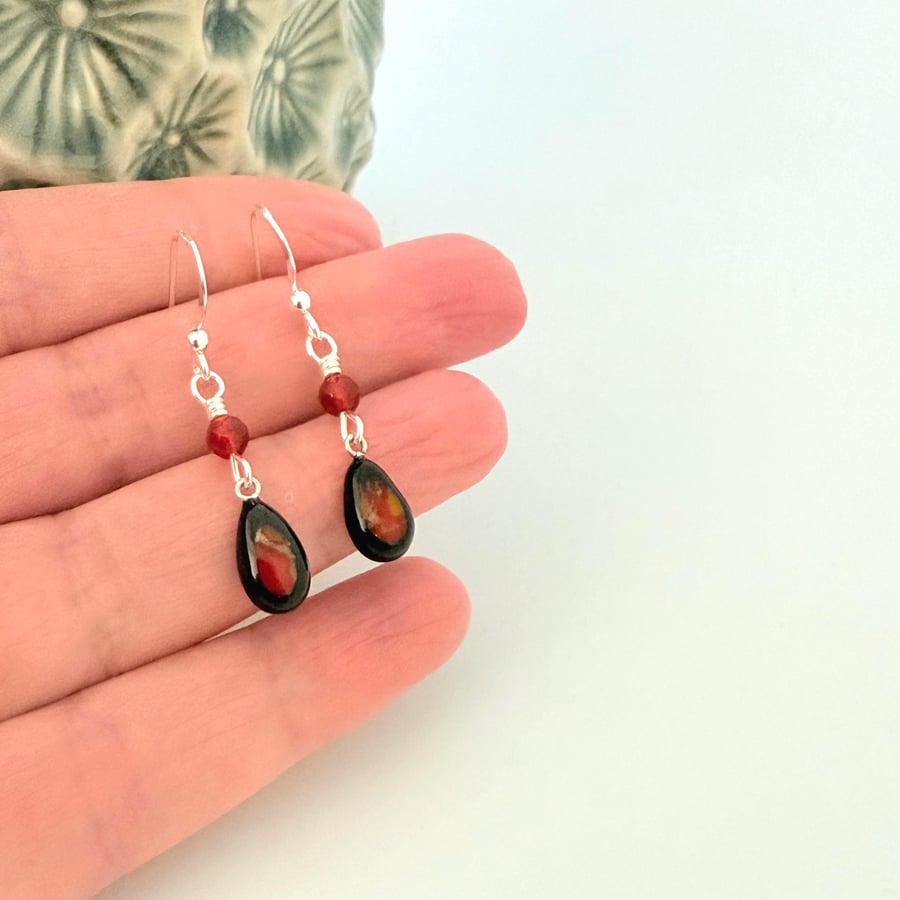 Sterling Silver Fused Glass and Agate Dangle Earrings